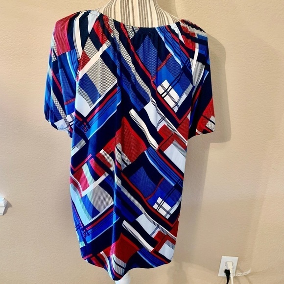 Notations Tunic Top 1X Red White Blue Short Sleeves Buttons Stretchy Boat Neck - Picture 8 of 15